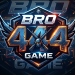 A dark, cinematic gaming logo for "BRO444 GAME" featuring large, weathered metallic numbers "444" in the center, a soldier icon with crossed rifles, and glowing orange and blue lighting effects set against a shield-shaped crest.