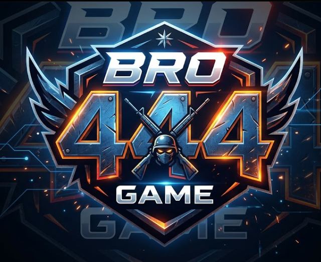 A dark, cinematic gaming logo for "BRO444 GAME" featuring large, weathered metallic numbers "444" in the center, a soldier icon with crossed rifles, and glowing orange and blue lighting effects set against a shield-shaped crest.