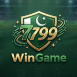 A person holding a smartphone showing the Win7799 game interface with Pakistan currency.