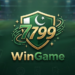 A person holding a smartphone showing the Win7799 game interface with Pakistan currency.